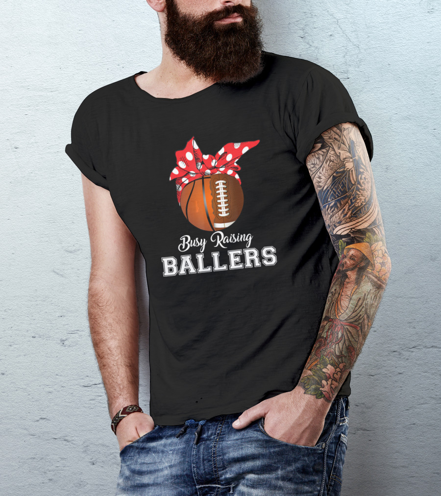 Basketball Football Busy Raising Ballers Polka Dot Bandana Typography T-Shirt