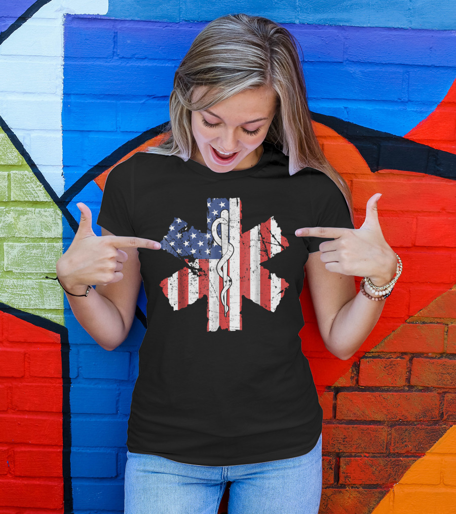 EMT EMS World's Okayest Paramedic American Flag Star Of Life T-Shirt