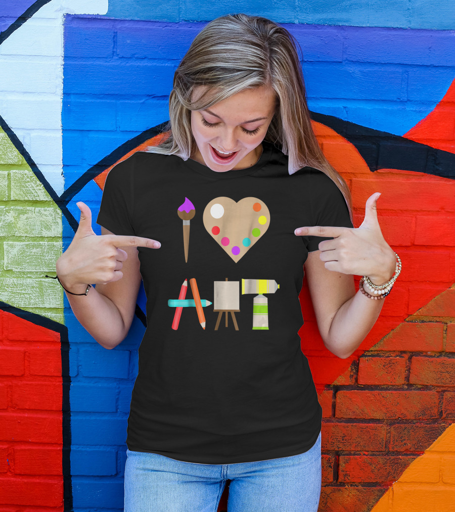 I Love Art Fun Colorful Future Artist Heart Palette Paintbrush Pencils Easel Tube T-Shirt
