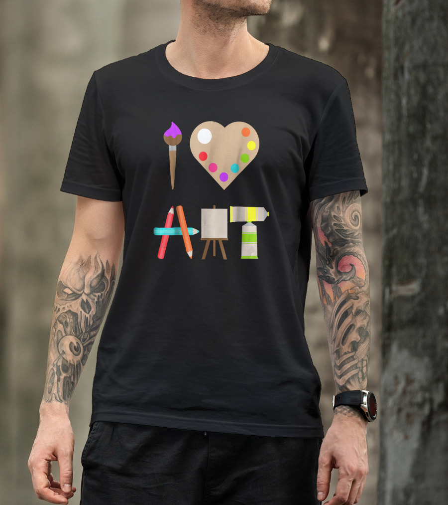 I Love Art Fun Colorful Future Artist Heart Palette Paintbrush Pencils Easel Tube T-Shirt