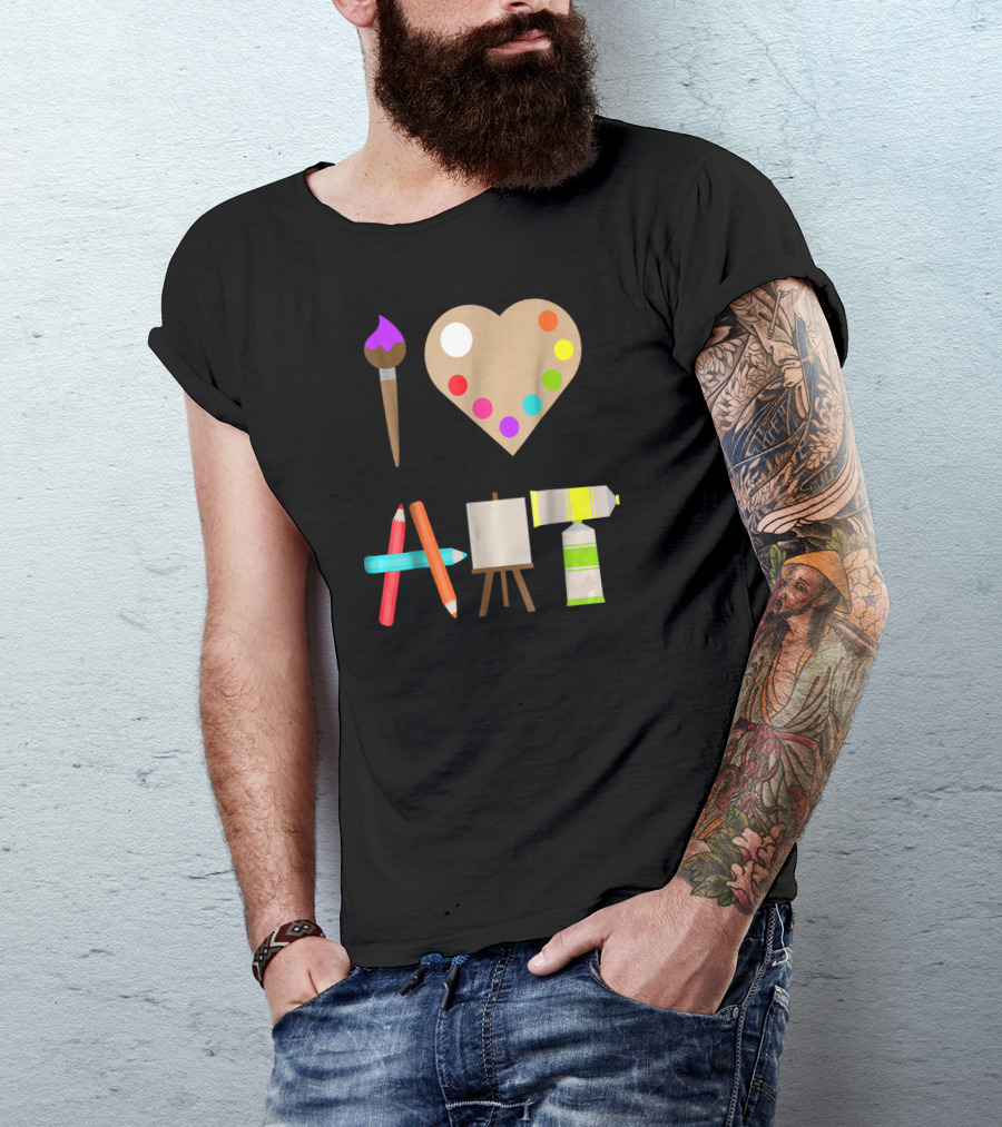 I Love Art Fun Colorful Future Artist Heart Palette Paintbrush Pencils Easel Tube T-Shirt