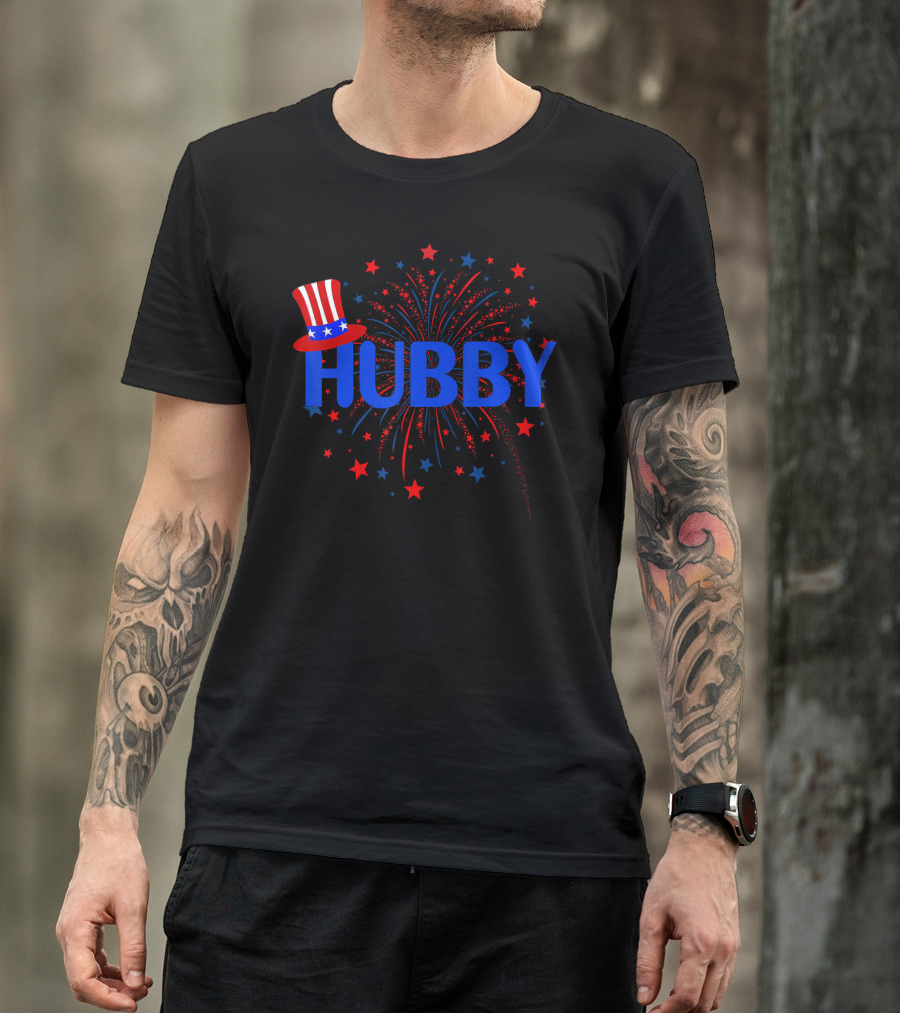 4th July Hubby Patriotic Couple Match Fireworks Stars Hat T-Shirt