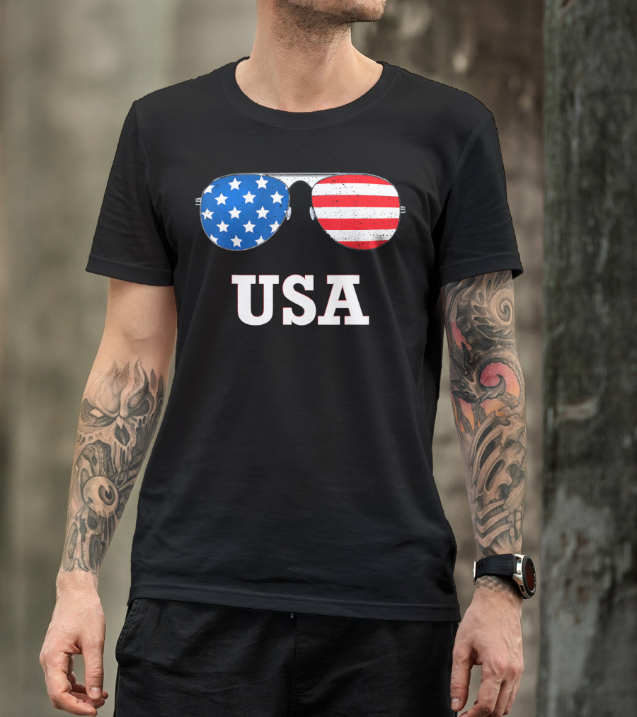 USA Flag Stars And Stripes Sunglasses 4th July T-Shirt