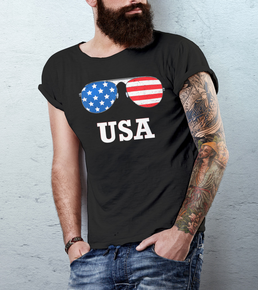 USA Flag Stars And Stripes Sunglasses 4th July T-Shirt