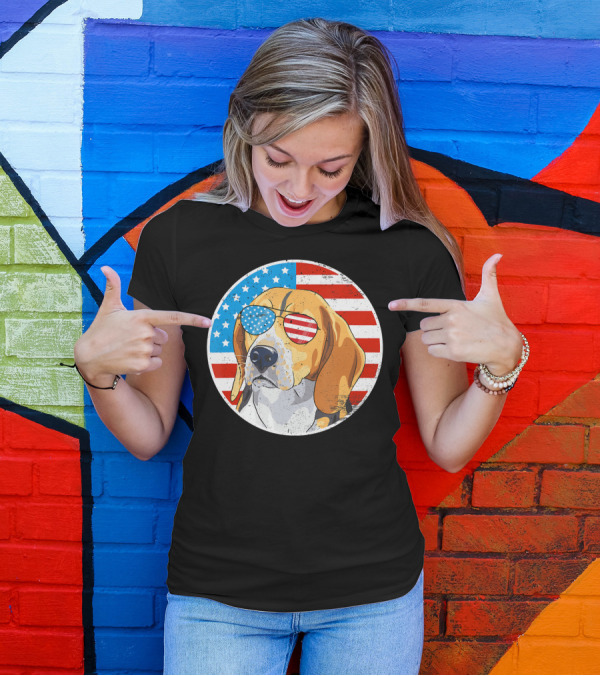 4th Of July Beagle Dog America Flag Sunglasses T-Shirt