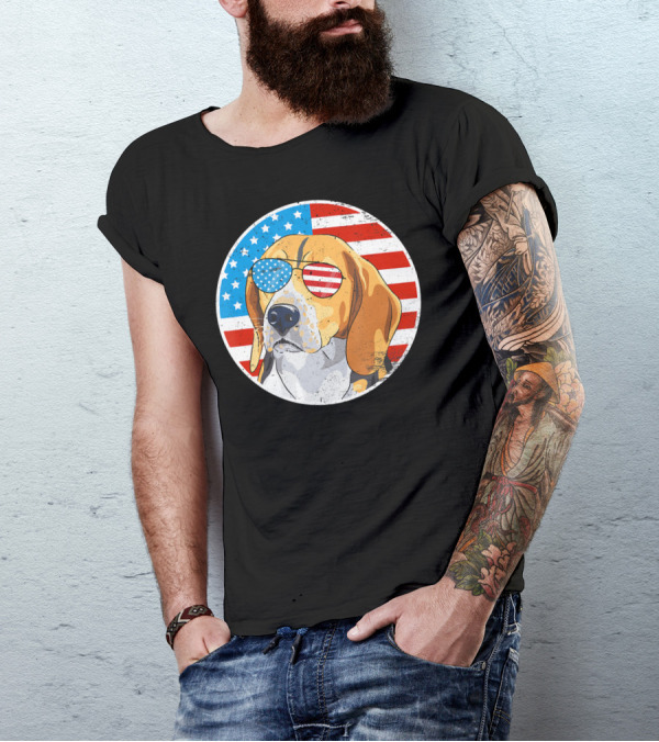 4th Of July Beagle Dog America Flag Sunglasses T-Shirt