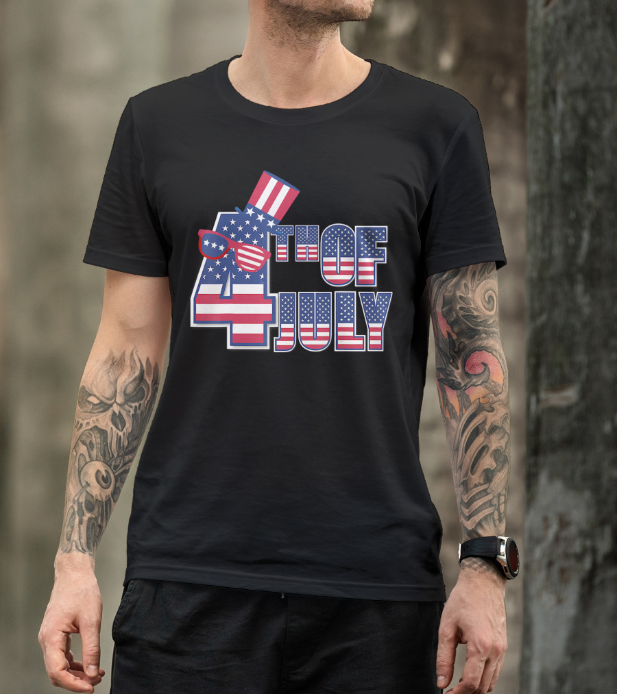 4th Of July American Flag Hat And Sunglasses Independence Day T-Shirt