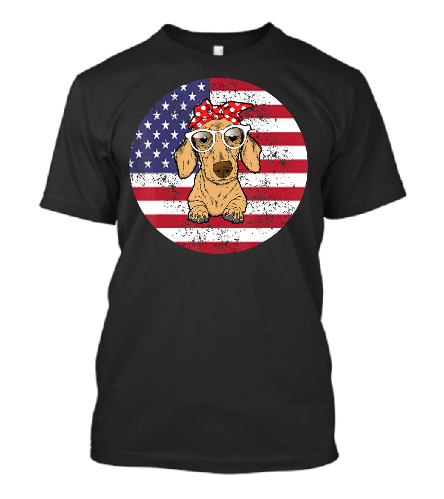 Dachshund With Glasses And Bandana On American Flag Background 4th Of July T-Shirt