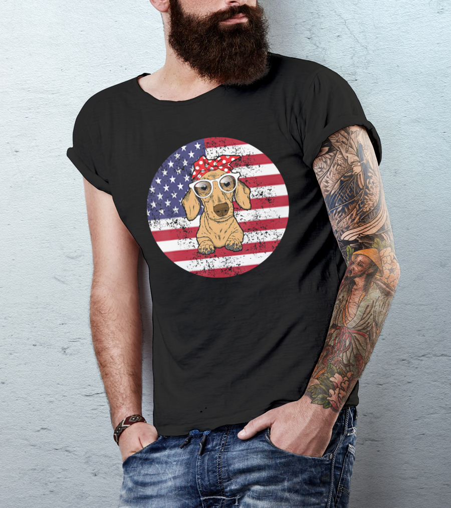 Dachshund With Glasses And Bandana On American Flag Background 4th Of July T-Shirt