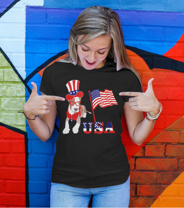 USA 4th Of July Pitbull Dog With American Flag And Top Hat T-Shirt