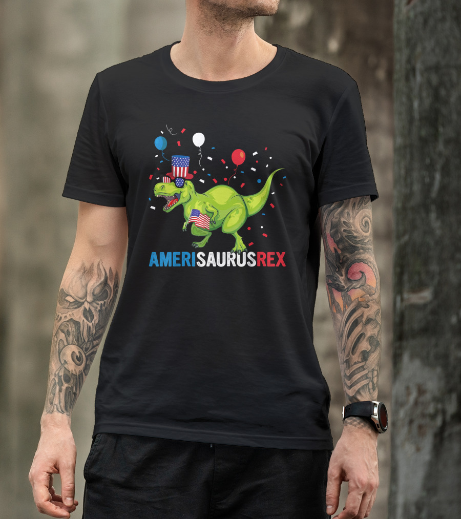 Amerisaurus Rex 4th Of July Dinosaur With Patriotic Hat And Flags T-Shirt