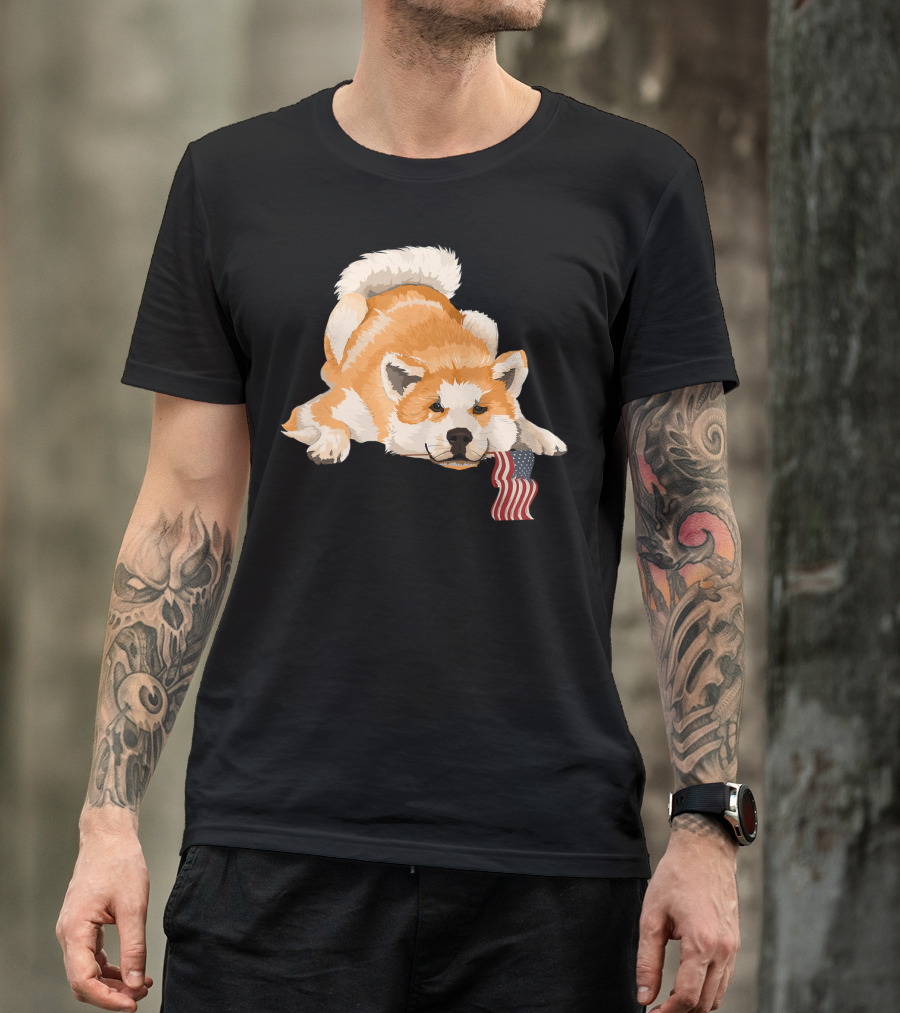 Akita Dog Lover With American Flag Motif T-Shirt