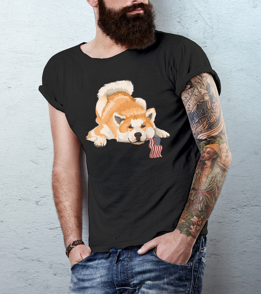 Akita Dog Lover With American Flag Motif T-Shirt
