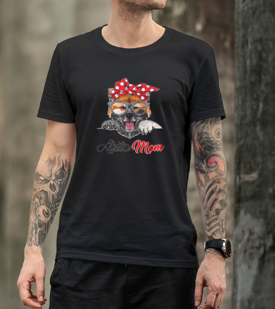 Akita Mom Funny Dog With Red Polka Dot Bow And Glasses T-Shirt
