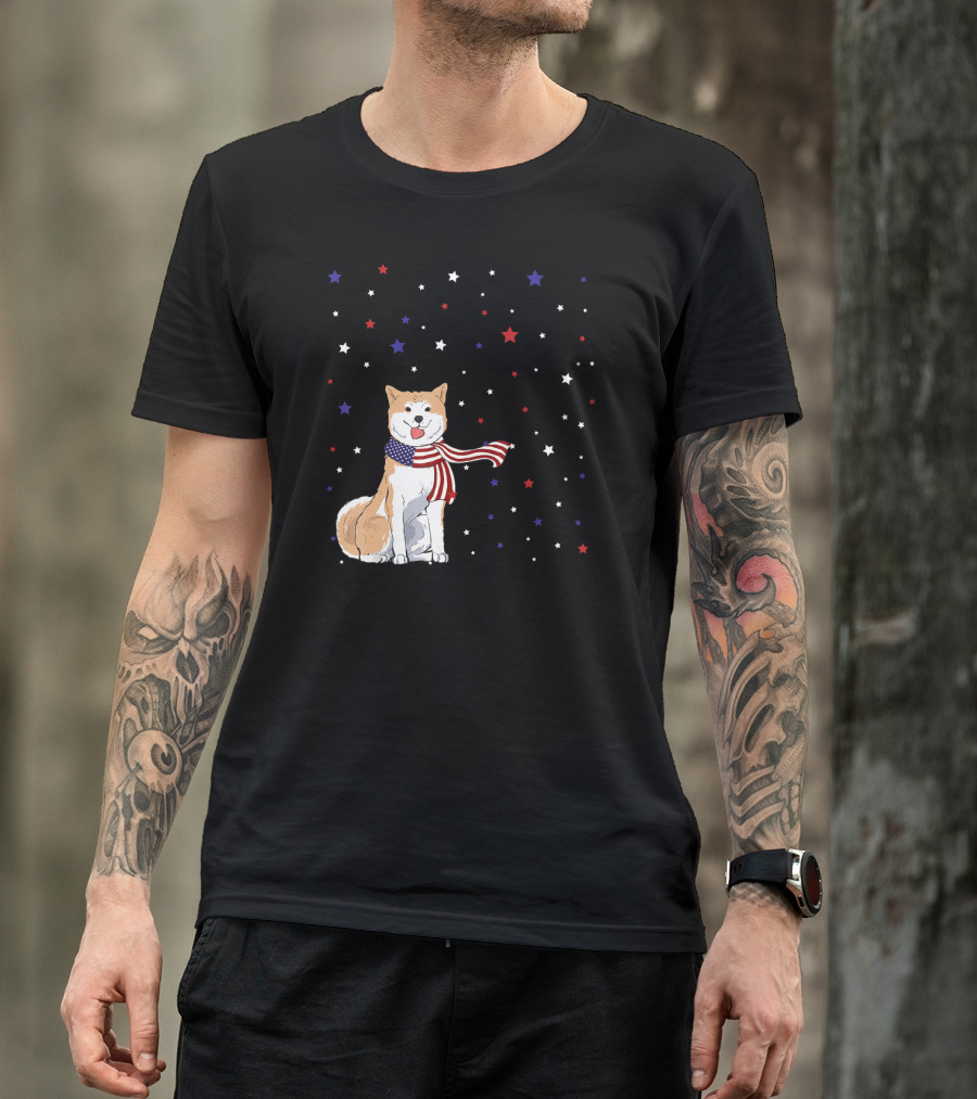 Akita Inu Patriotic American Flag Scarf Stars T-Shirt