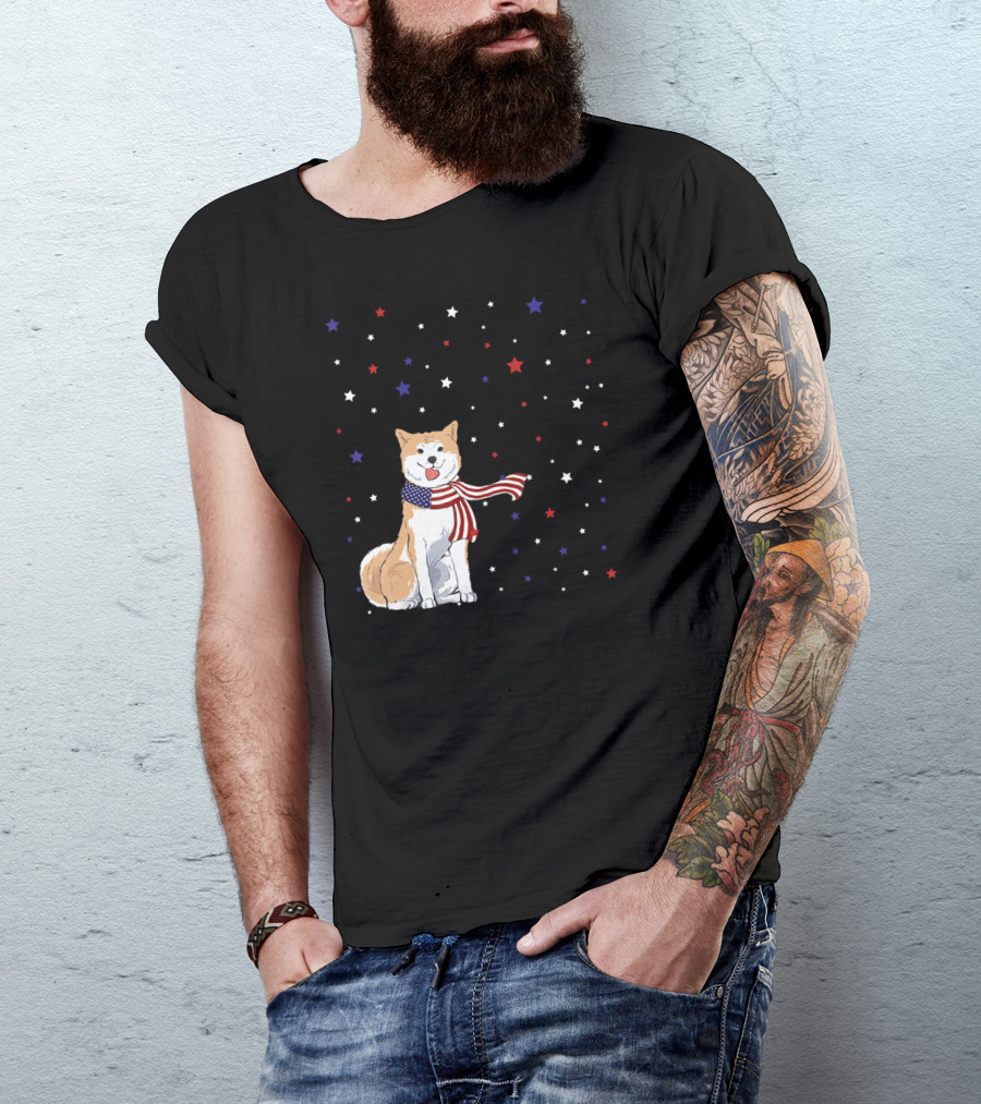 Akita Inu Patriotic American Flag Scarf Stars T-Shirt