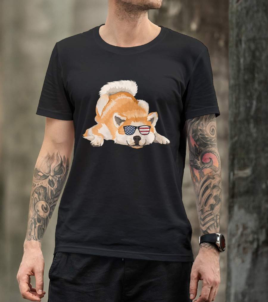Akita Inu Wearing American Flag Sunglasses Playful Pose T-Shirt