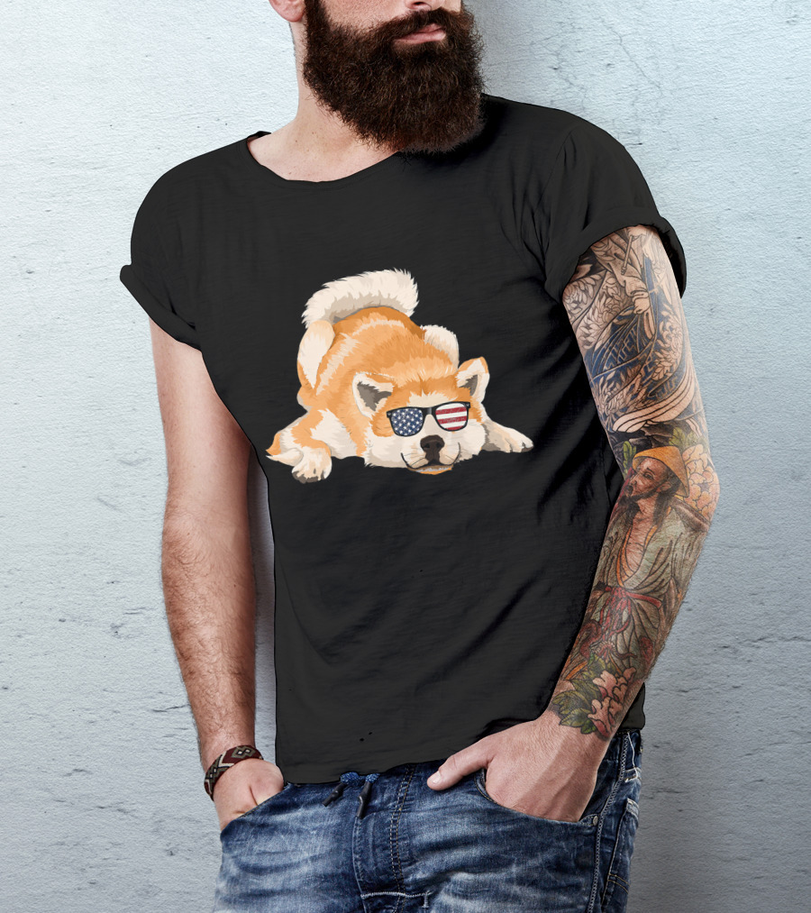 Akita Inu Wearing American Flag Sunglasses Playful Pose T-Shirt