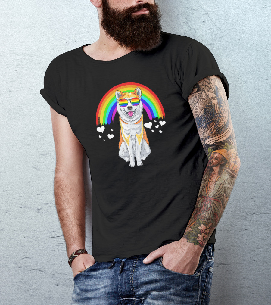 Akita Inu Rainbow Pride Sunglasses Hearts T-Shirt