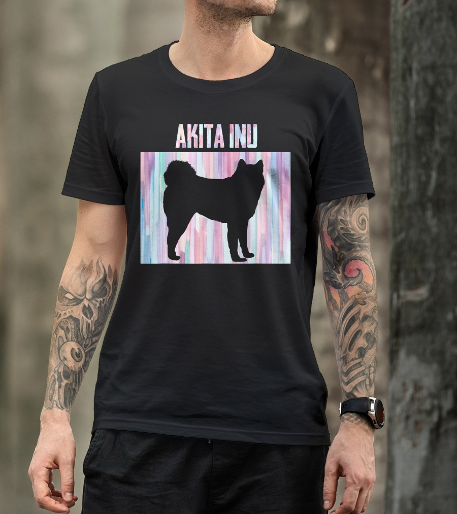 AKITA INU Silhouette On Pastel Watercolor Stripes T-Shirt