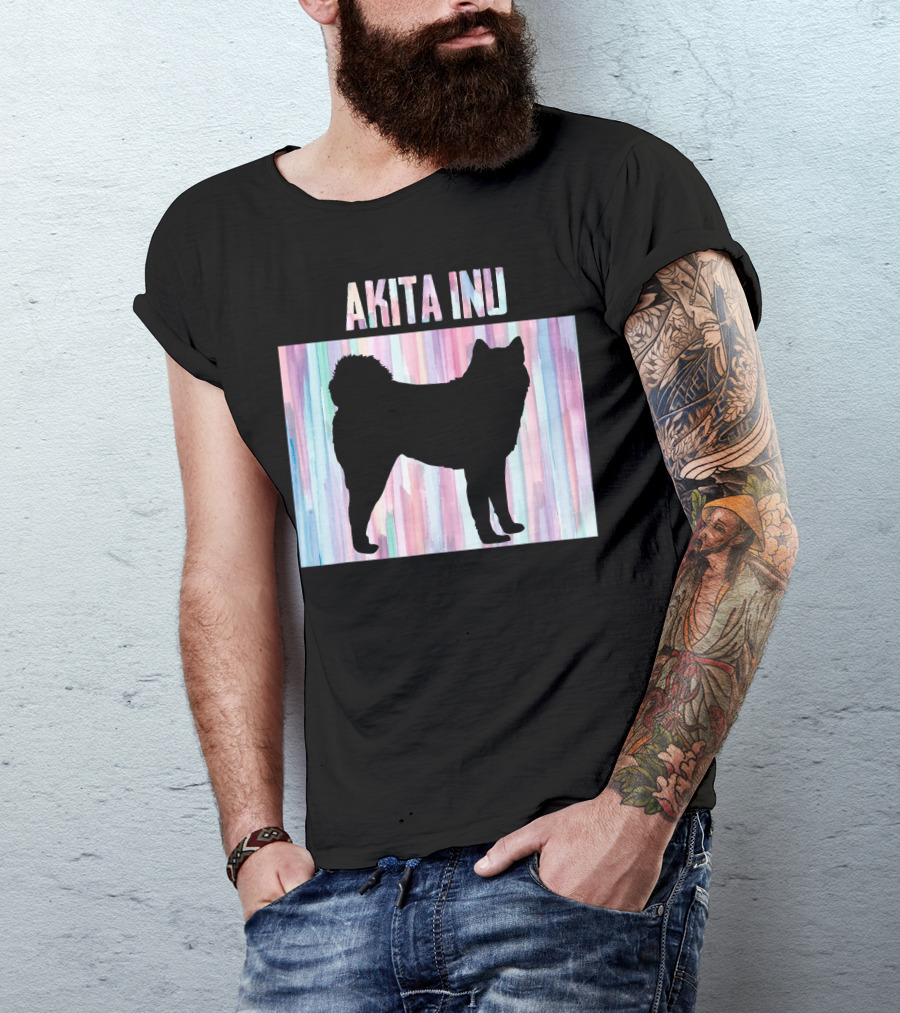 AKITA INU Silhouette On Pastel Watercolor Stripes T-Shirt