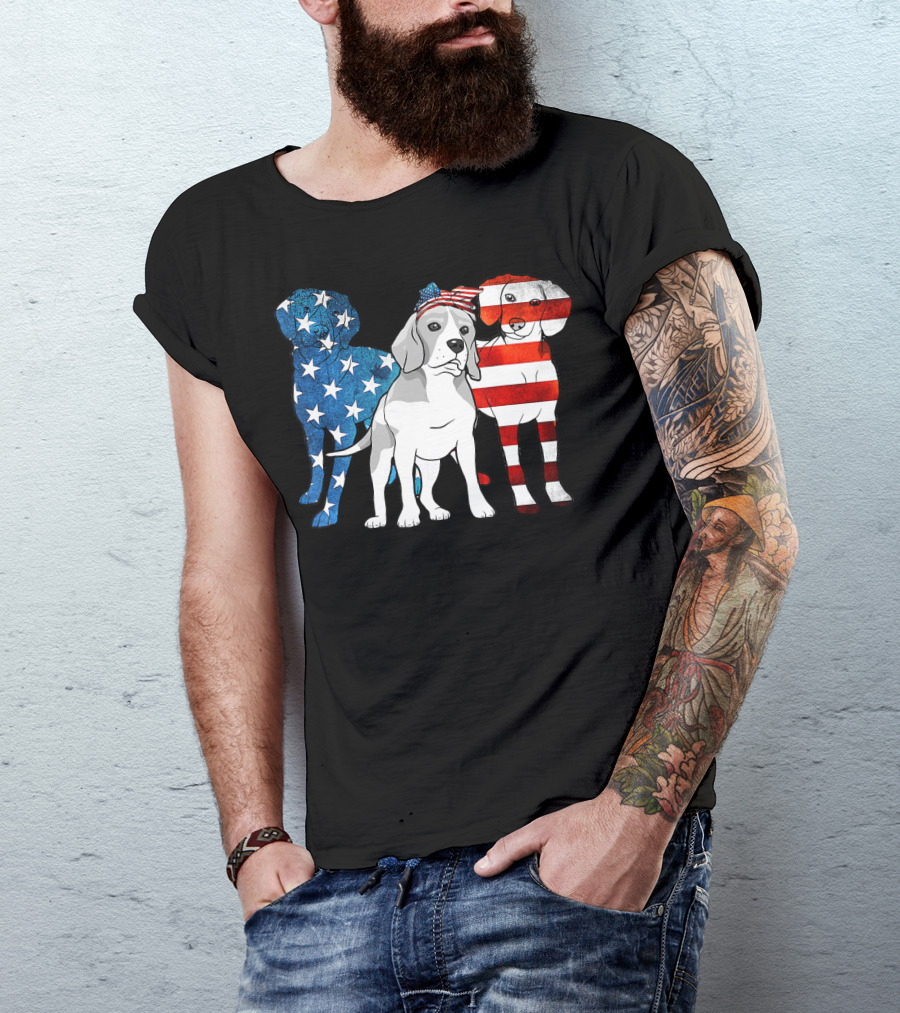 American Beagle Trio With Patriotic Stars And Stripes US Flag Motif T-Shirt