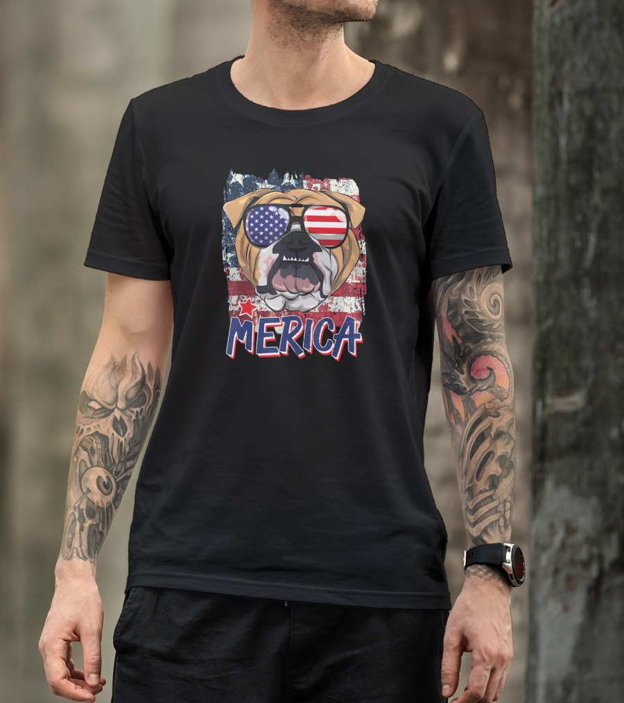 American Flag Sunglasses English Bulldog Merica T-Shirt