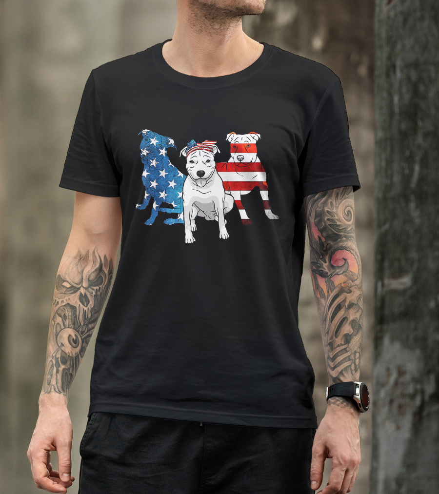 American Pitbull Trio With US Flag T-Shirt