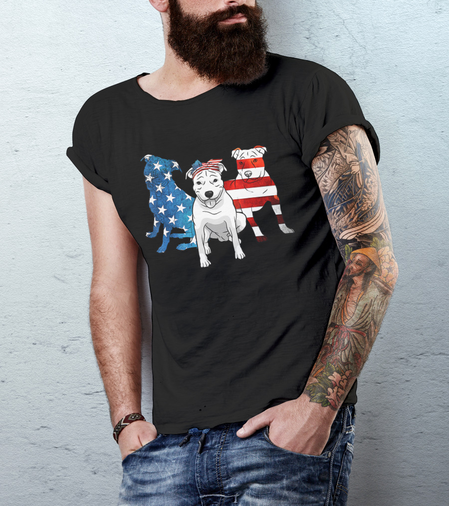 American Pitbull Trio With US Flag T-Shirt