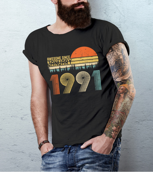 Awesome Since January 1991 Vintage Sunset Retro Forest Background T-Shirt