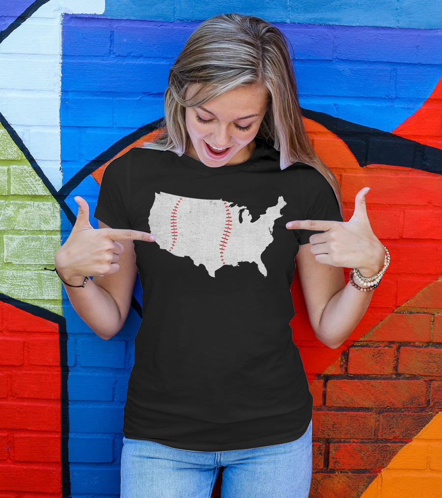 Baseball America's Pastime USA Map Stitching T-Shirt