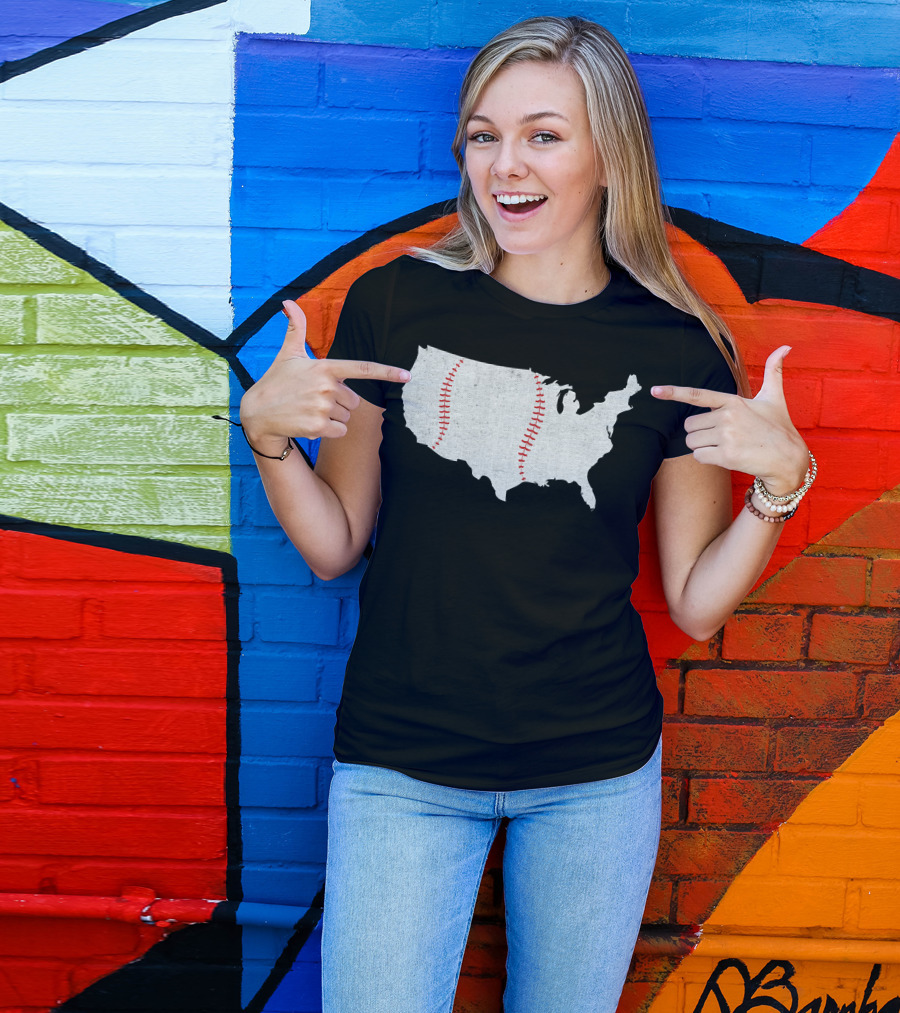 Baseball America's Pastime USA Map Stitching T-Shirt