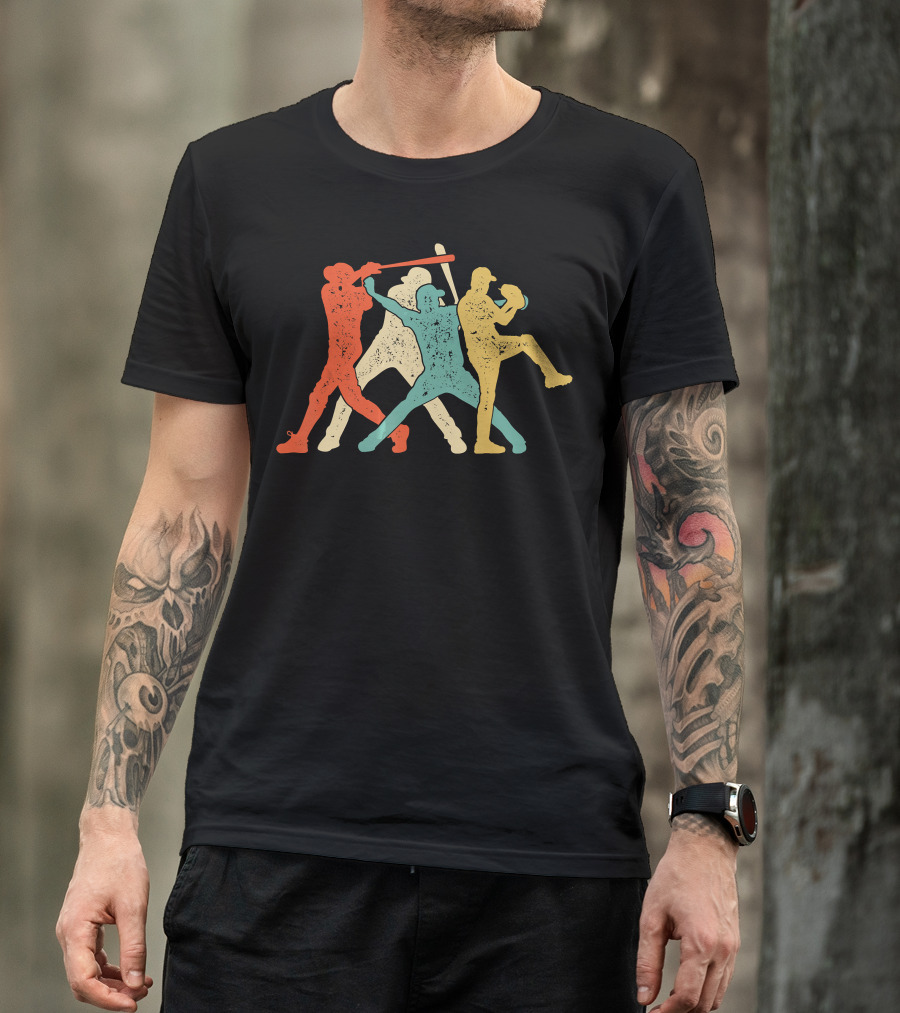 Baseball Retro Vintage Catch Player Silhouettes Batter Pitcher Action Runners T-Shirt