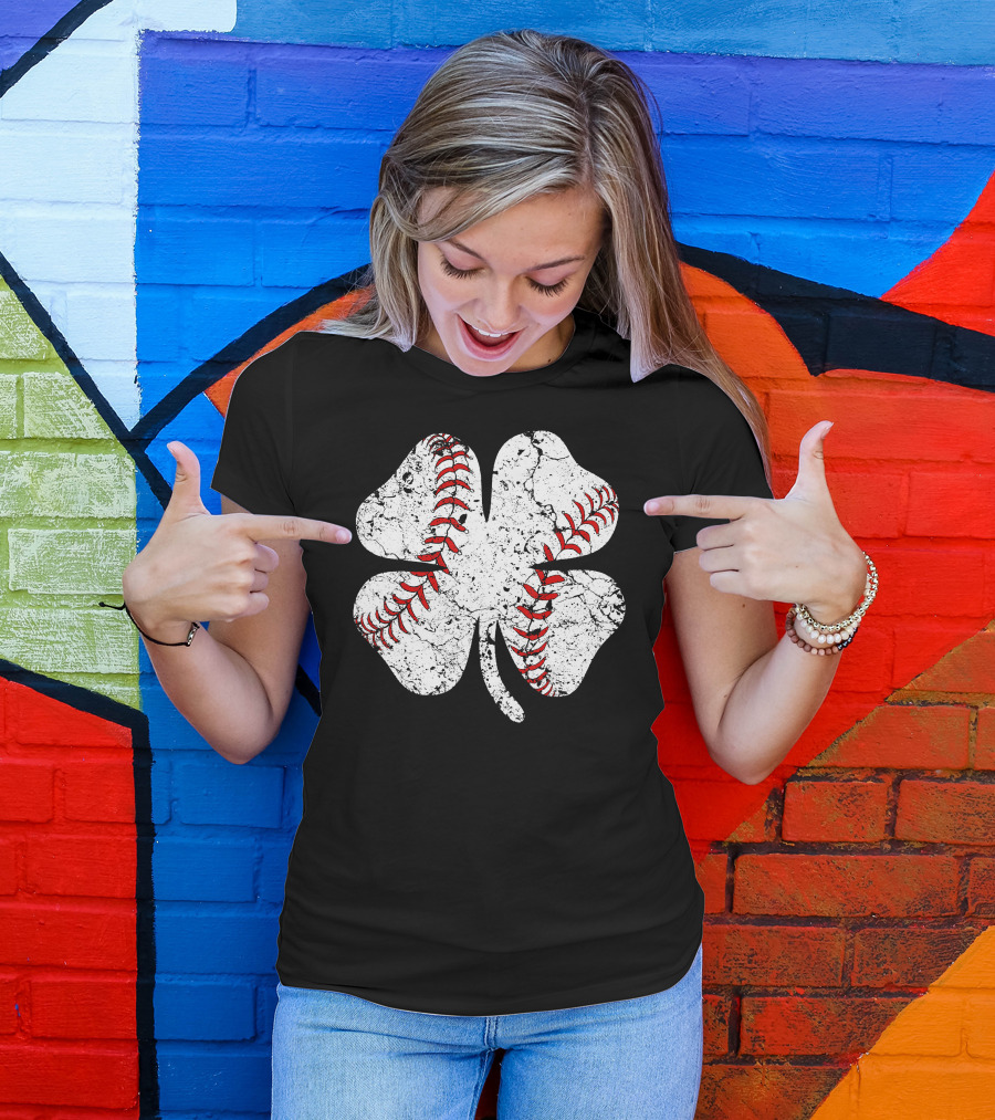 Baseball St Patricks Day Clover Stitching T-Shirt