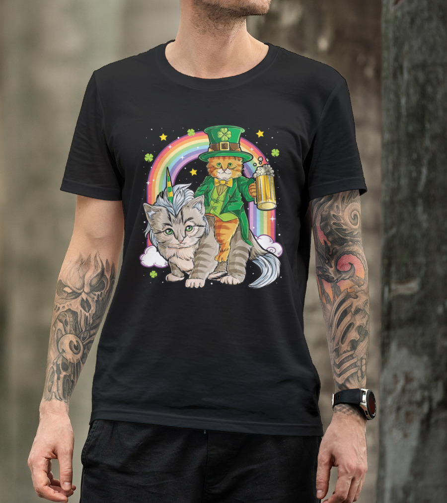 St. Patrick's Day Cat Riding Unicorn With Rainbow And Beer T-Shirt