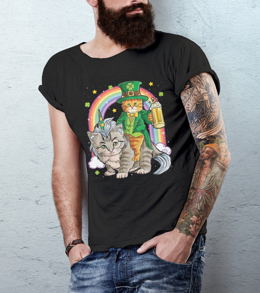 St. Patrick's Day Cat Riding Unicorn With Rainbow And Beer T-Shirt