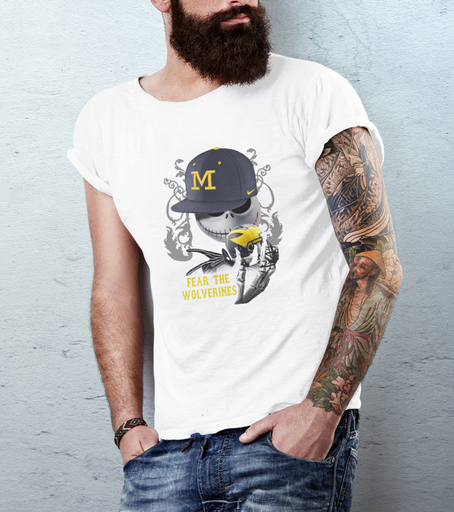 Fear The Wolverines Skellington M Hat Football Helmet T-Shirt