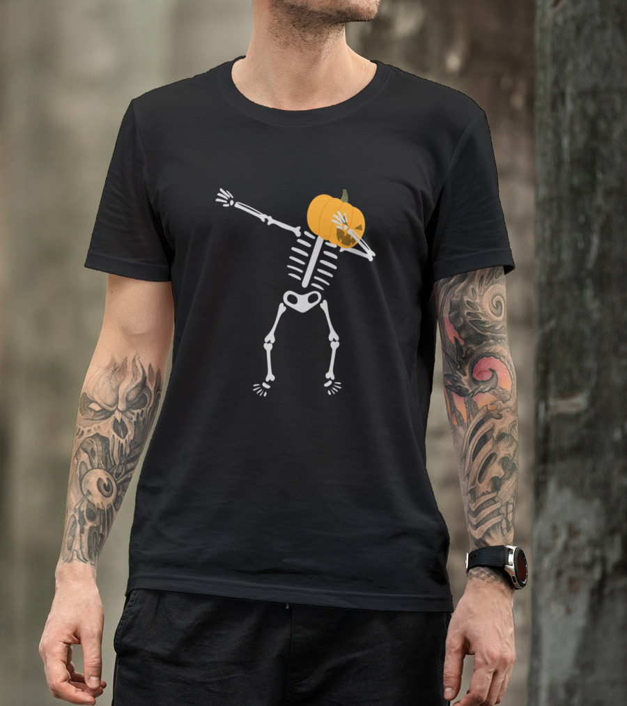 Dabbing Skeleton With Pumpkin Head Halloween T-Shirt