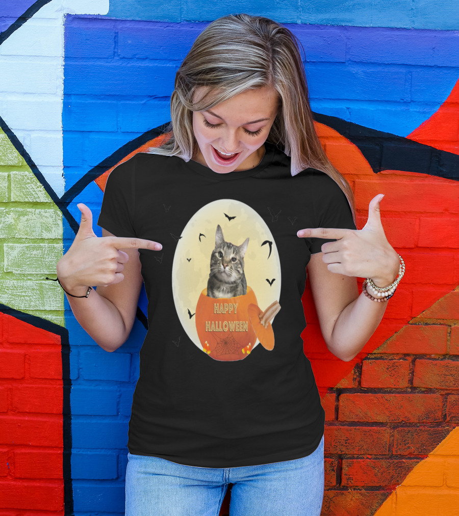 Happy Halloween Tabby Cat In Pumpkin With Candy Corn And Bats T-Shirt