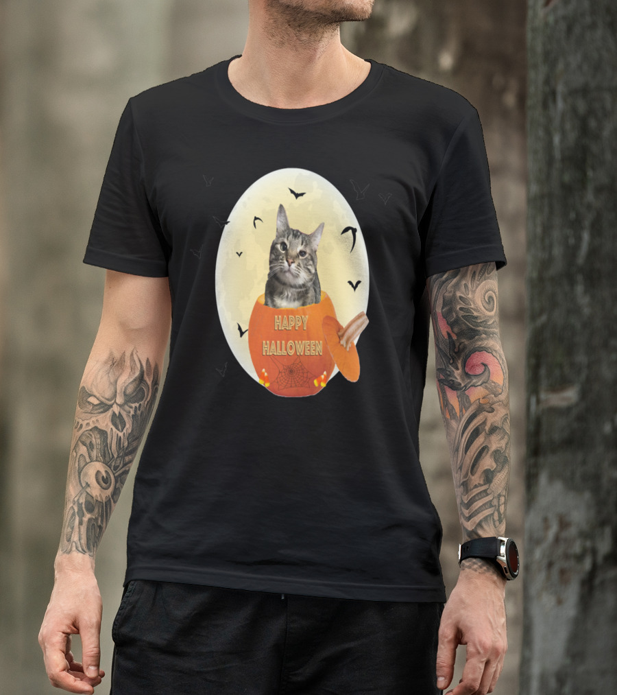 Happy Halloween Tabby Cat In Pumpkin With Candy Corn And Bats T-Shirt
