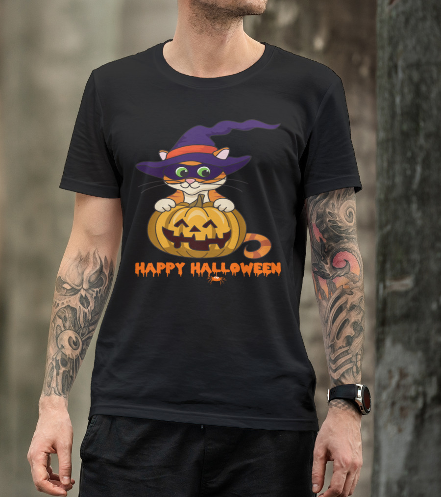 Happy Halloween Cat In Witch Hat With Pumpkin T-Shirt