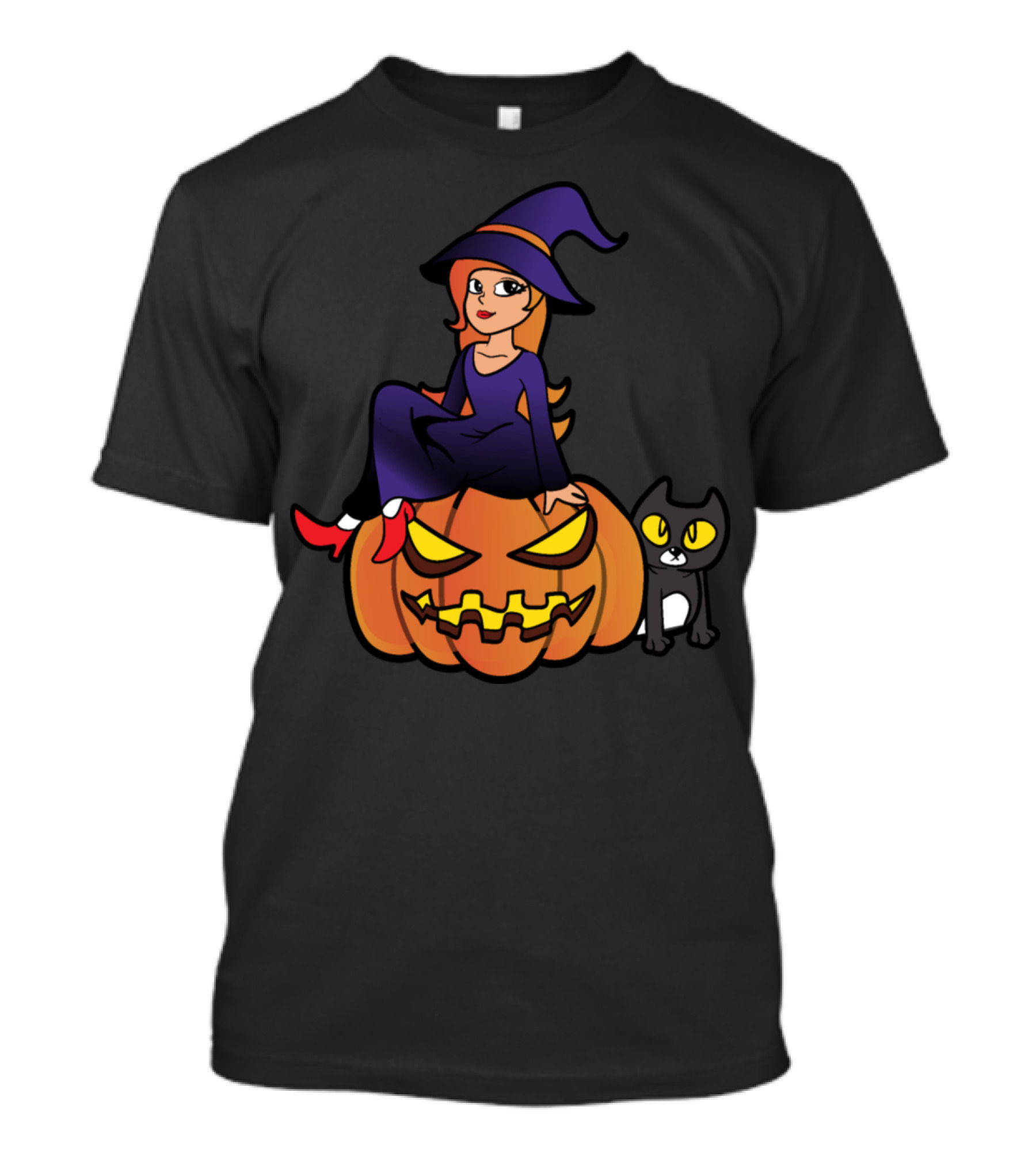 Witch Halloween Pumpkin With Black Cat Zombie Horror T-Shirt