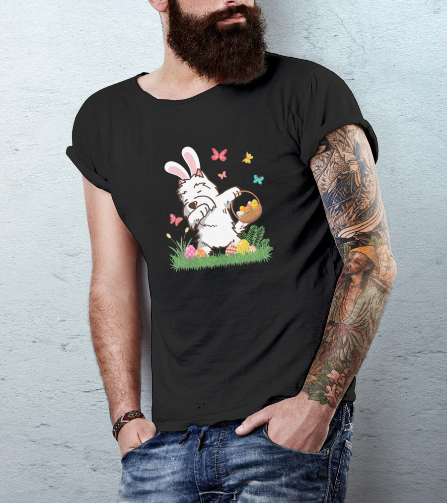 Westie Dog In Bunny Ears Dabbing With Easter Egg Basket And Butterflies T-Shirt