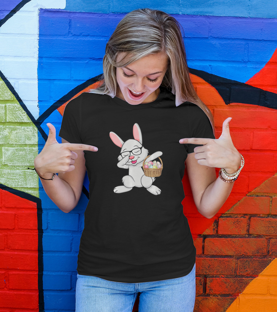 Dabbing Bunny Easter Rabbit With Basket Of Eggs Dab Gesture T-Shirt