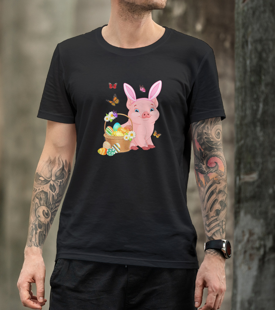 Pig Wearing Bunny Ears With Easter Egg Basket And Butterflies T-Shirt