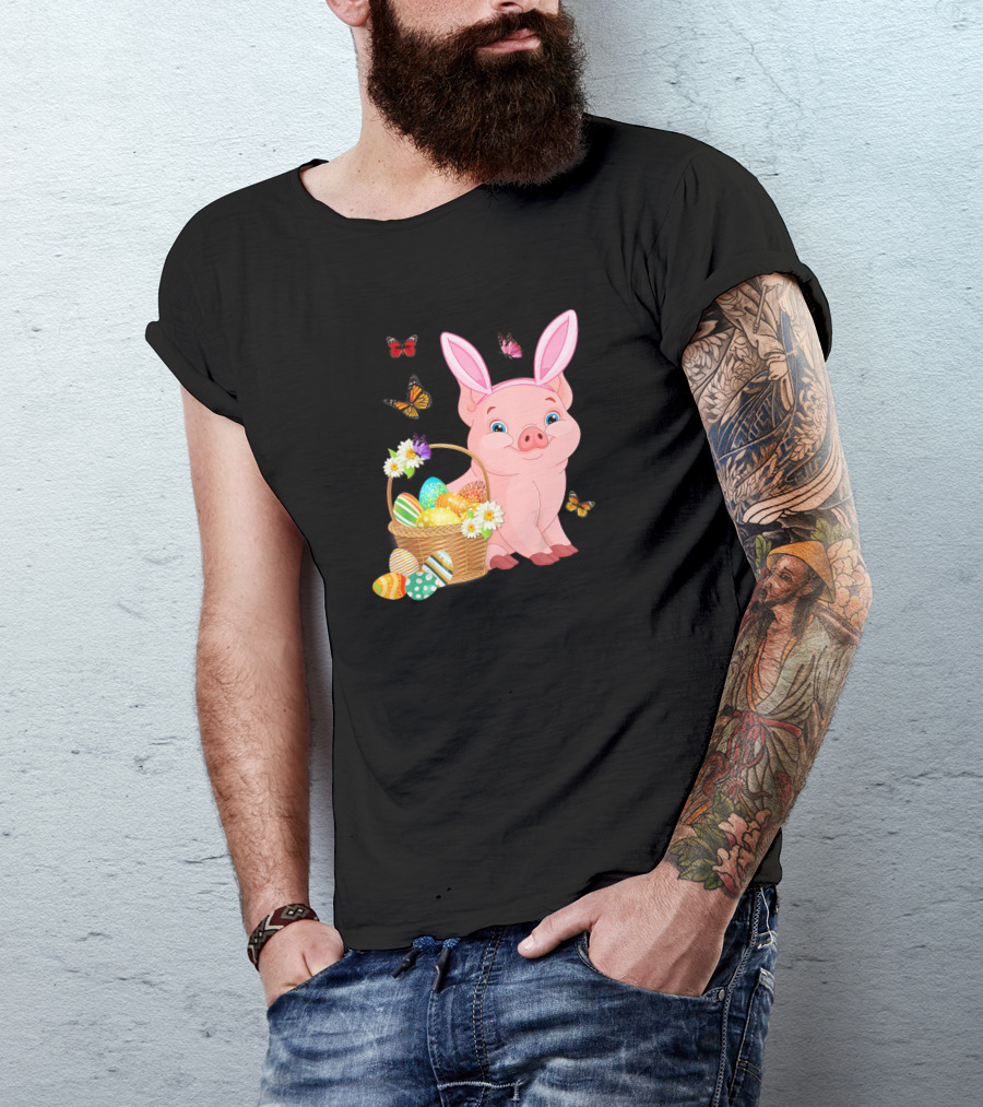 Pig Wearing Bunny Ears With Easter Egg Basket And Butterflies T-Shirt