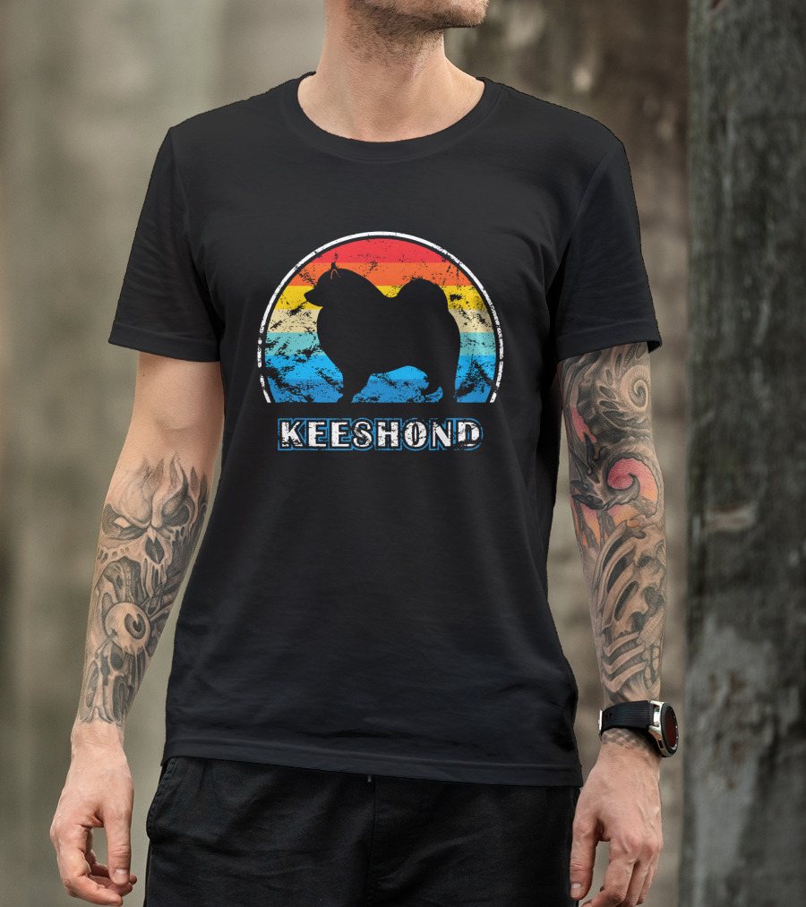 Keeshond Retro Silhouette Rainbow Stripes T-Shirt