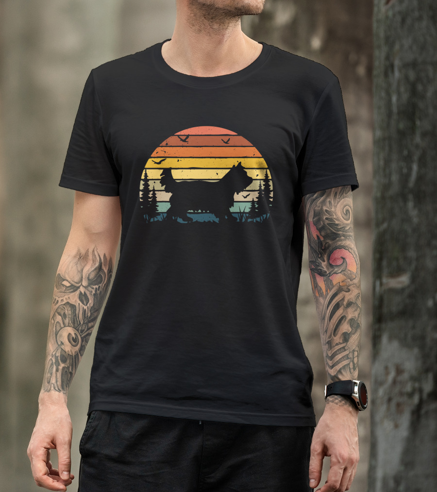 Yorkipoo Vintage Retro Sunset Silhouette With Birds And Trees T-Shirt