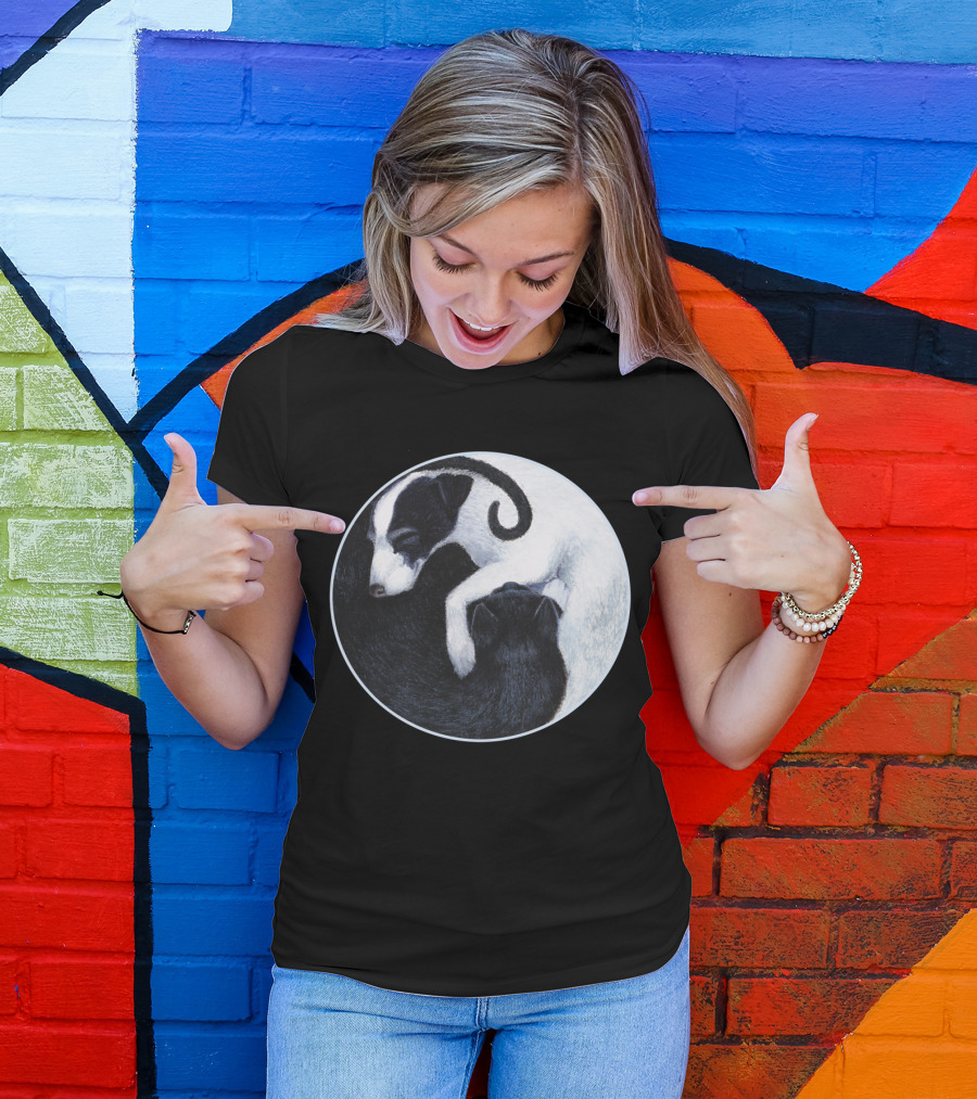 Yin Yang Cat Dog Harmony Embracing Balance In Black And White Circle T-Shirt