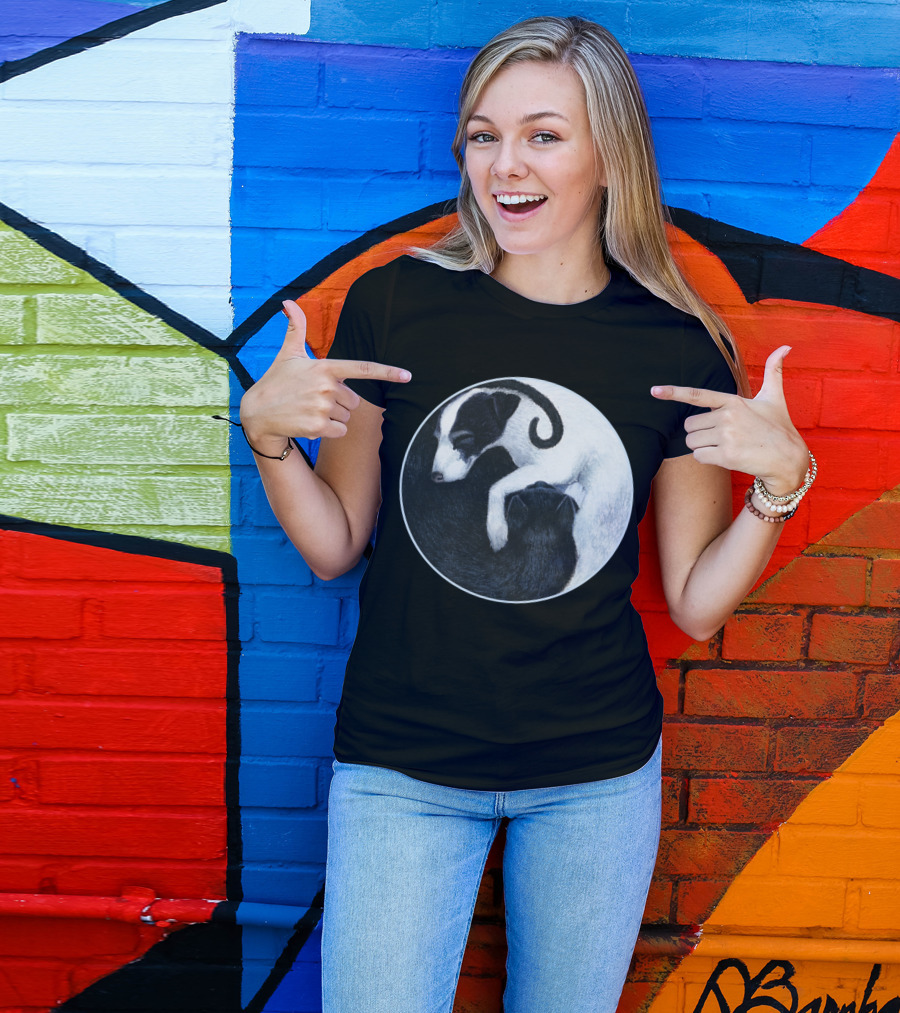 Yin Yang Cat Dog Harmony Embracing Balance In Black And White Circle T-Shirt